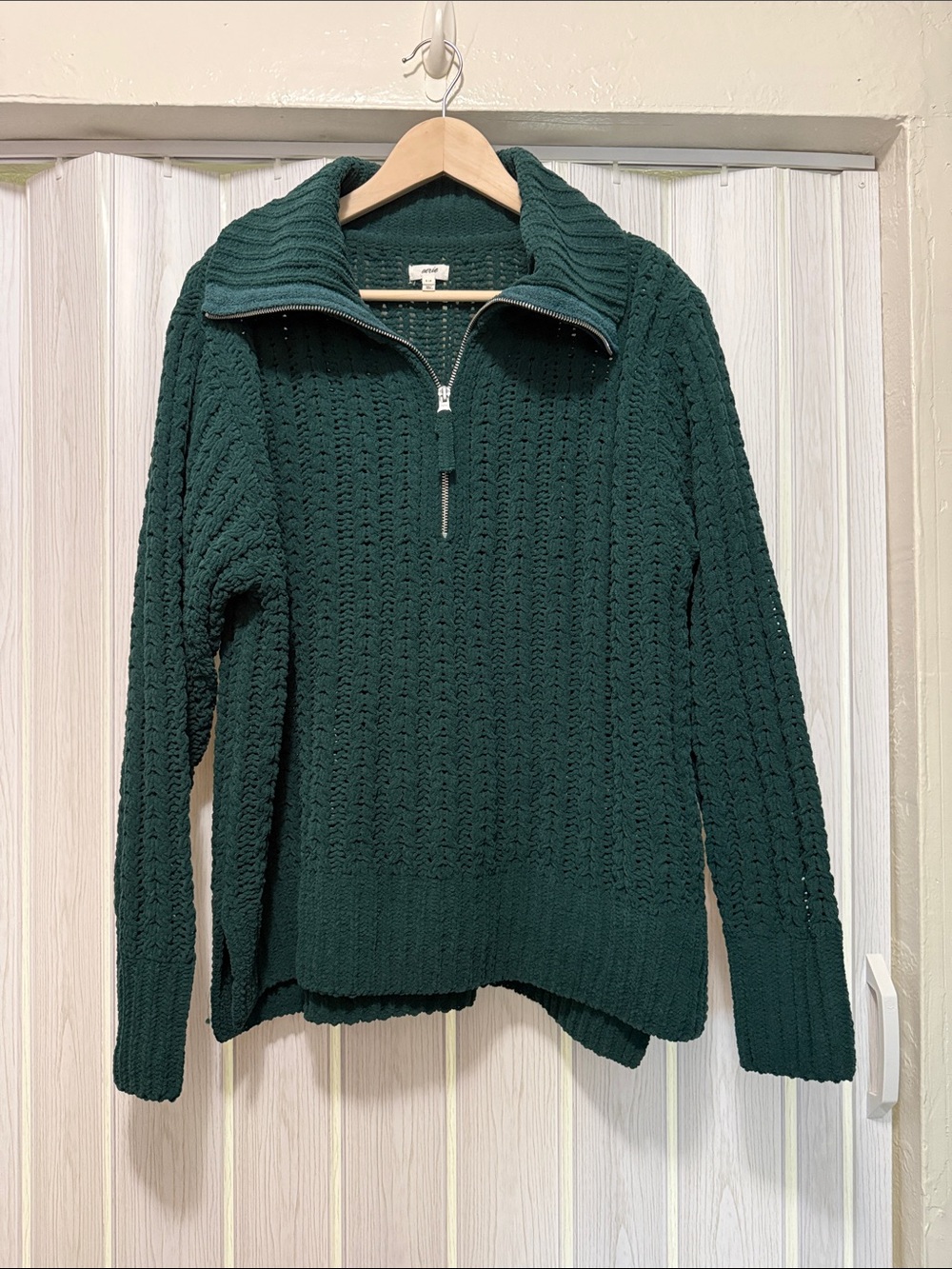aerie Dark Green Half-Zip Cable Knit Sweater